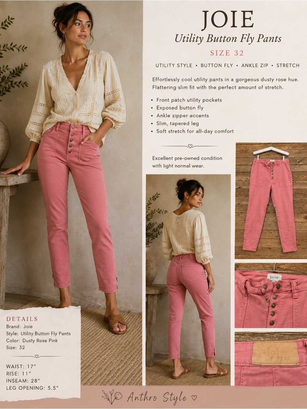 🌺 Joie Utility Button Fly Skinny Pants Size 32 Rose Pink Stretch Utility Ankle